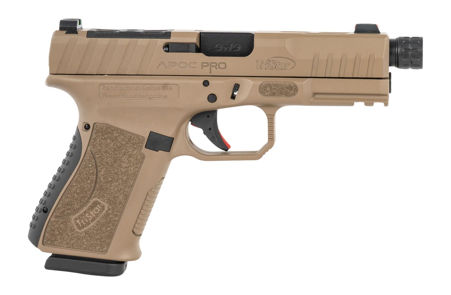 TriStar 85784 Apoc Pro 9mm Luger 15+1 4.50" Black Threaded Barrel, Flat Dark Earth Cerakote Steel Optic Ready/Serrated Slide, Flat Dark Earth Polymer Frame w/Picatinny Rail, Interchangeable Backstrap