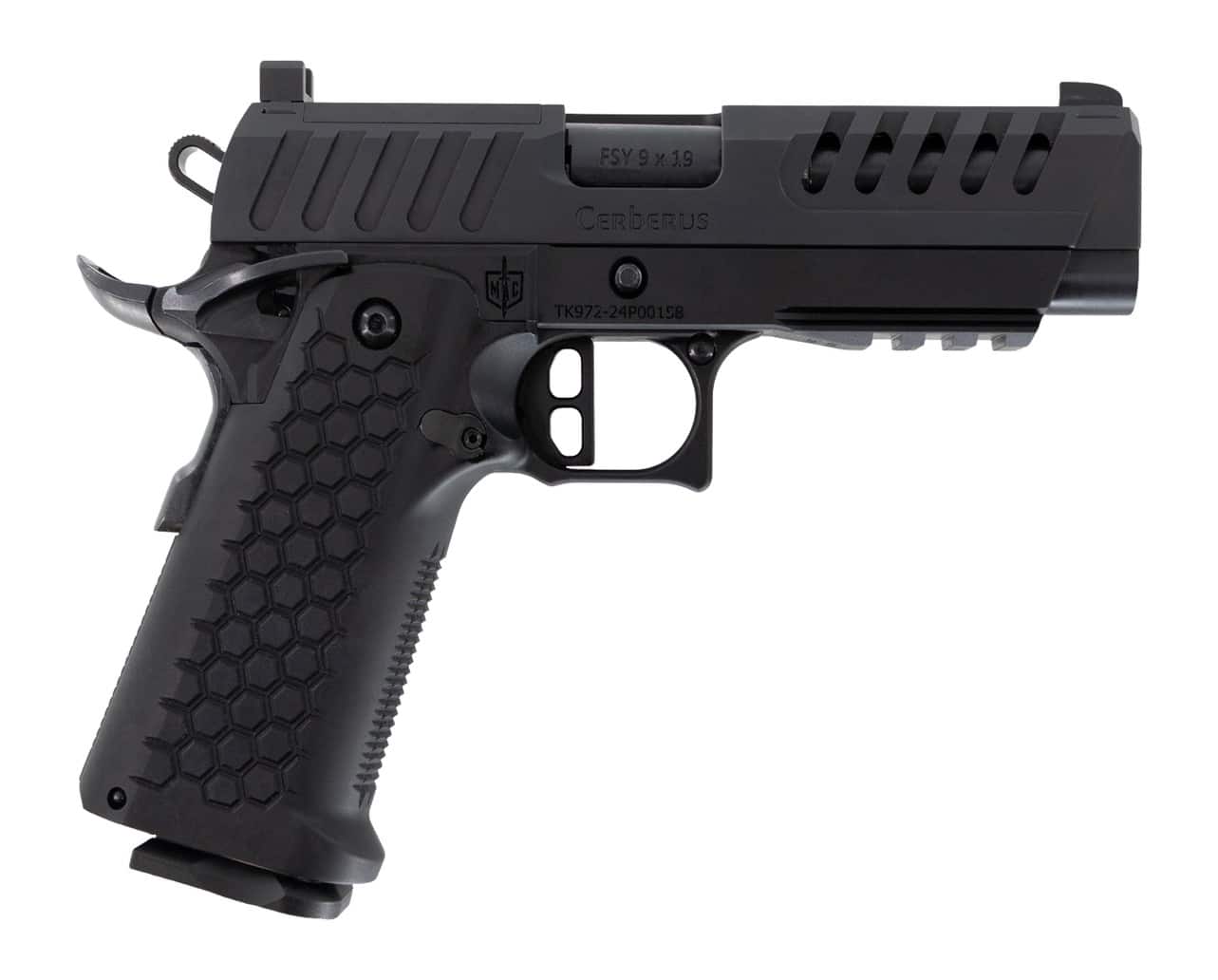 MAC 12500033 Cerberus 9mm Luger 17+1 4.40" Bull w/Target Crown Barrel, QPQ Tenifer Cerakote Optic Cut/Ported/Serrated Slide, Aluminum Grip, RMR Footprint