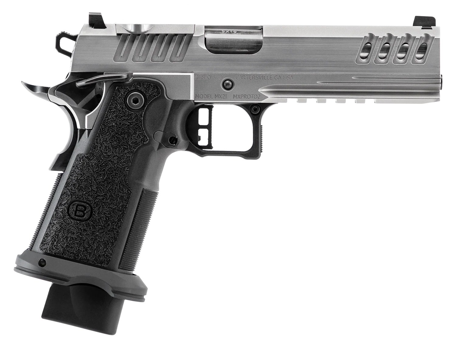 Bersa M2XIO5SSFN2 M2XI 1911 DS 9mm Luger 23+1 5" Black Match Grade Bull Barrel, Stainless Steel Optic Ready/Serrated Slide, Frame w/Beavertail & Picatinny Rail, Textured Grip, Holosun K Footprint, Amb
