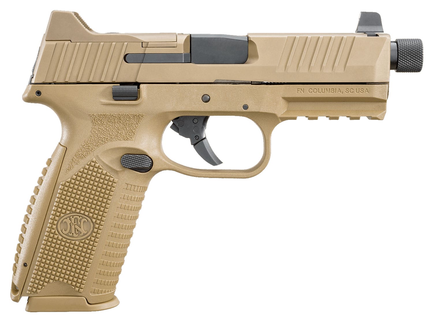 FN 66100383 509T 9mm Luger 10+1 4.50" Black Steel Threaded Barrel, Flat Dark Earth Optic Cut/Serrated Stainless Steel Slide, Flat Dark Earth Polymer Frame w/Picatinny Rail