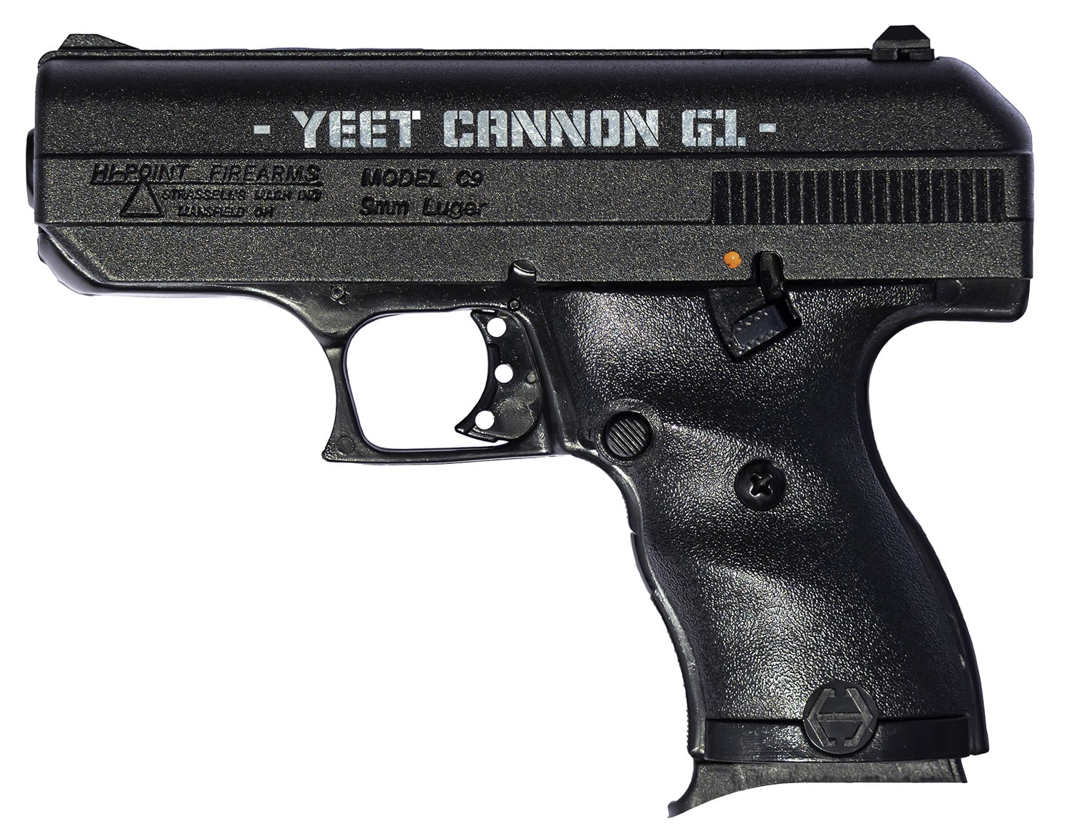 Hi-Point 916G1YC YC9 Gen1 9mm Luger 8+1 3.50" Black Steel Barrel, Black Serrated w/Engraving Steel Slide, Black Polymer Frame & Grip, Right Hand
