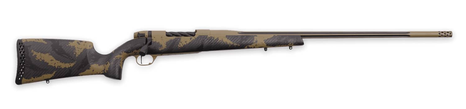 Weatherby MAX01N7MMPR8B Mark V Apex 7mm PRC 3+1 26" Graphite Black & Tan Cerakote Fluted Threaded Barrel, Tan Cerakote Steel Drilled & Tapped Receiver, Carbon Fiber w/Brown & Tan Sponge Accents Fixed