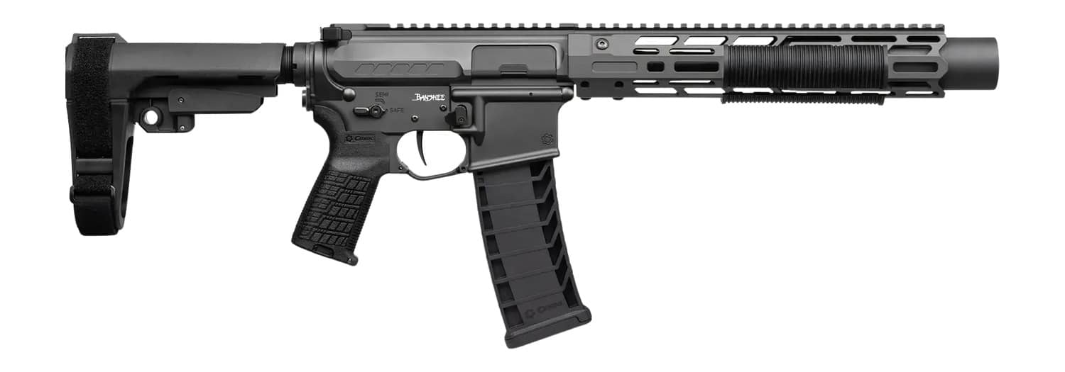 CMMG 94A68CD-TNG Zeroed Banshee Mk4 9mm Luger 33+1 6.50" Black Nitride Threaded Barrel, Tungsten Cerakote Aluminum Receiver w/Picatinny Rail, M-LOK Handguard, Black Polymer CMMG RipBrace, CMMG Zeroed