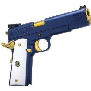 Dickinson LLC DKSN45SM Adam 1911 Sapphire Full Size 45 ACP 8+1 5" Gold Barrel, Blue Sapphire Steel Slide & Frame w/Beavertail White Grip