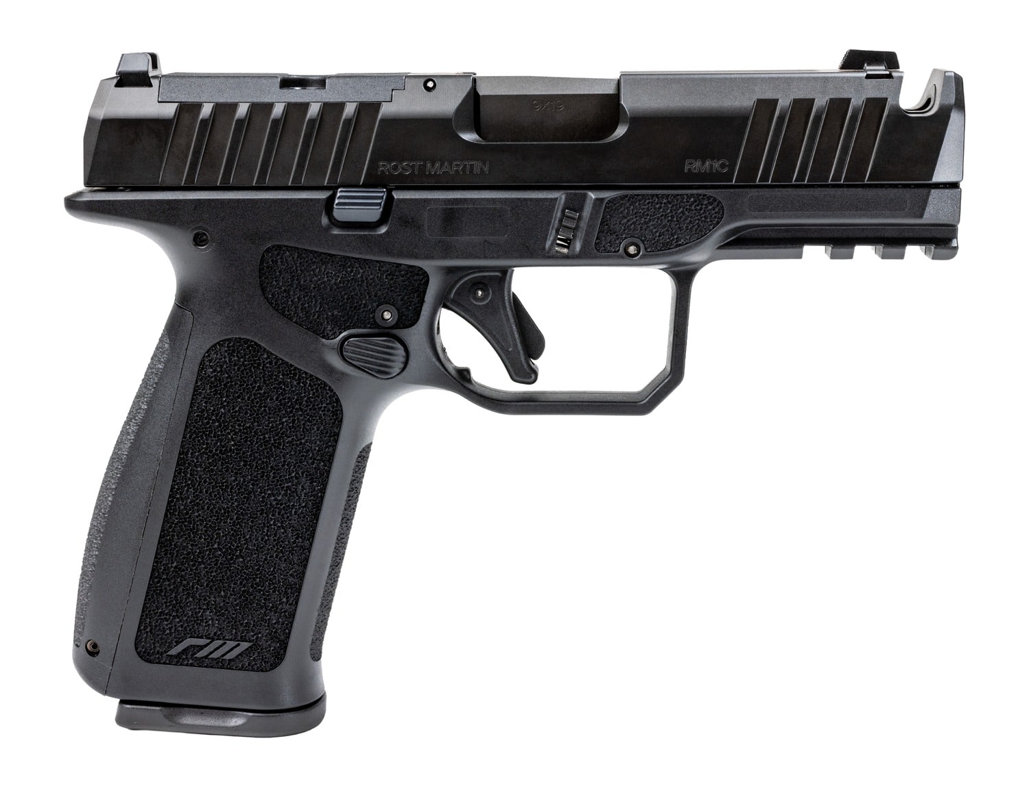 Rost Martin RM1CXBLKOSP10CA(COMP) RM1X Comp Compact 9mm Luger 10+1 4" Black Compensated Match Grade Barrel, Black Nitrocarburized Steel Optic Ready/Serrated Slide, Black Polymer Frame w/Picatinny Rail