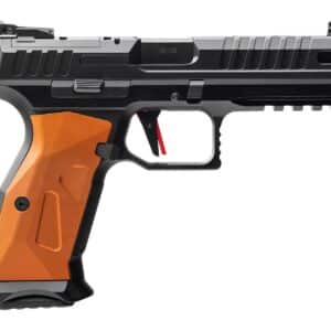 MAC 15000651 RA-9 Sport 9mm Luger 17+1 4.75" Black QPQ Tenifer Cerakote Steel Lightening Cut/Optic Ready Slide, Black Anodized Aluminum Frame w/Picatinny Rail, Orange Aluminum Grip, RMR Footprint