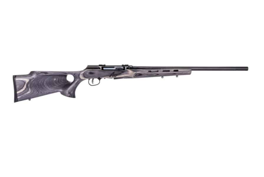 Savage A17 Target Thumbhole rifle in .17 HMR with 22-inch barrel and gray laminate stock