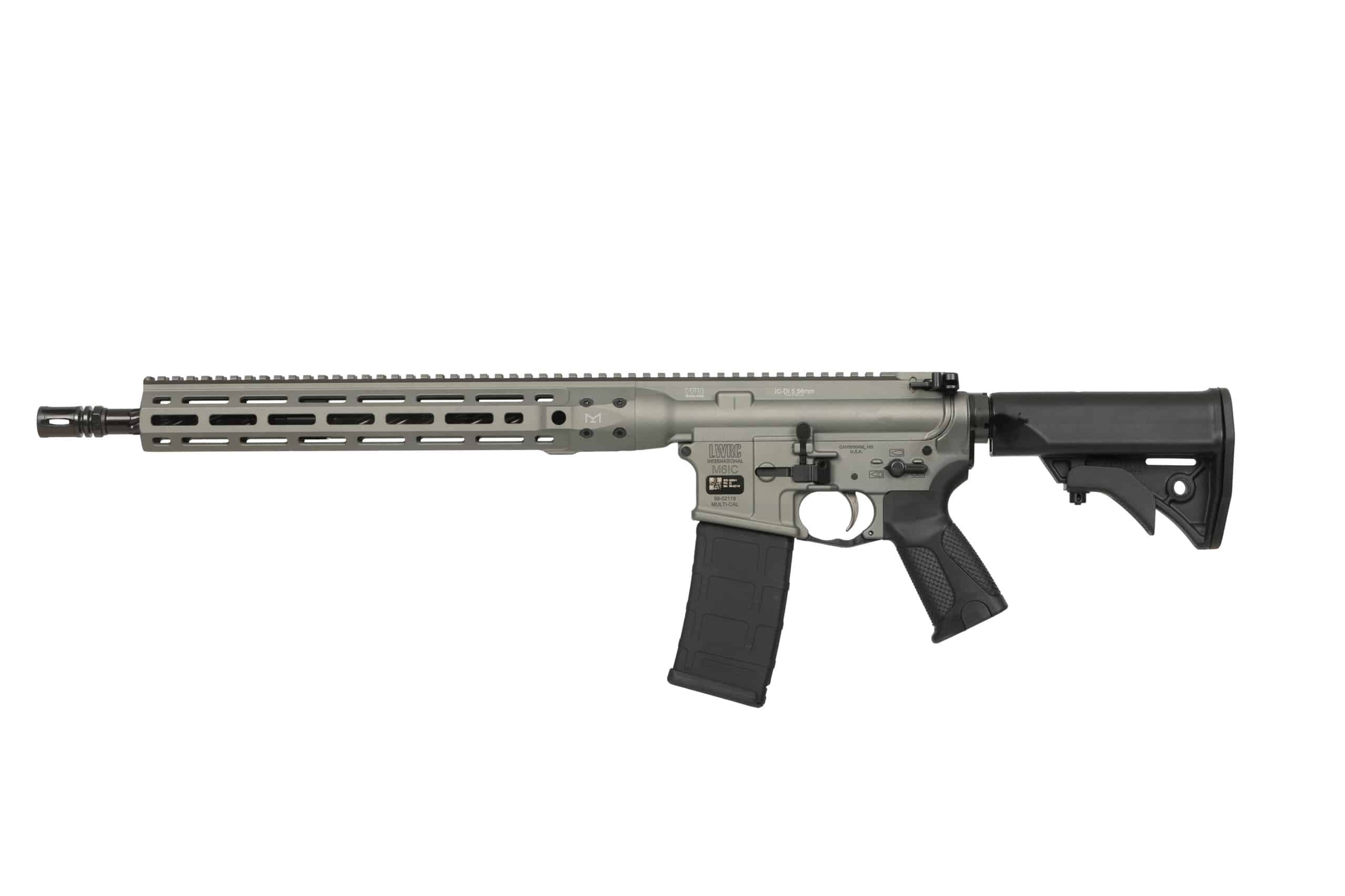LWRC DI 5.56mm gray AR rifle with 16.1-inch barrel and M-LOK configuration