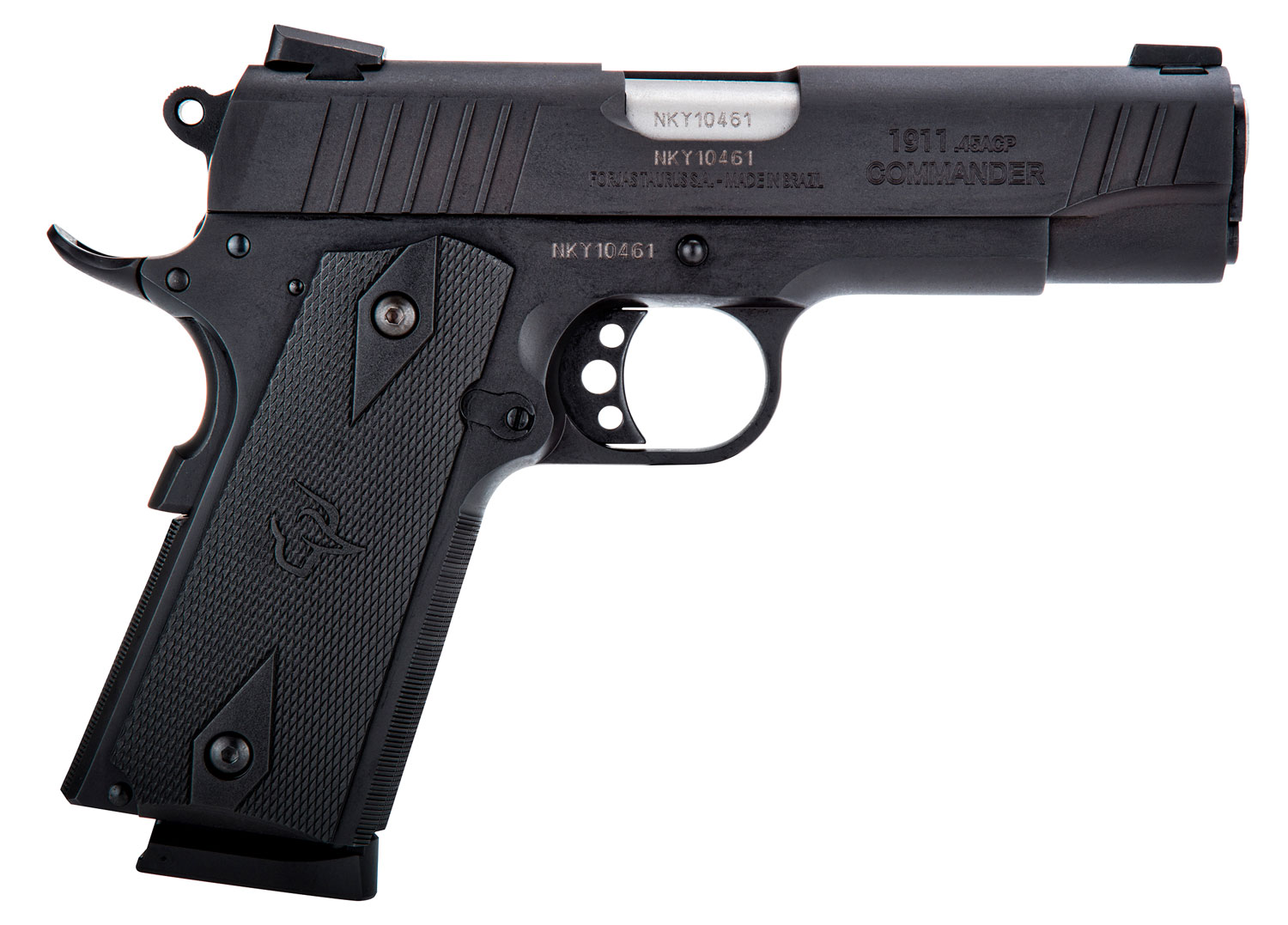Taurus 1-191101COM 1911 Commander 45 ACP Caliber with 4.20" Barrel, 8+1 Capacity, Overall Matte Black Finish Steel, Beavertail Frame, Serrated Slide & Checkered Polymer Grip Includes Magazine