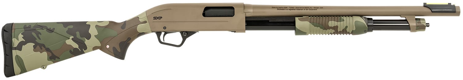 Winchester SXP Defender 12 gauge pump shotgun with 18-inch barrel and FDE Woodland finish