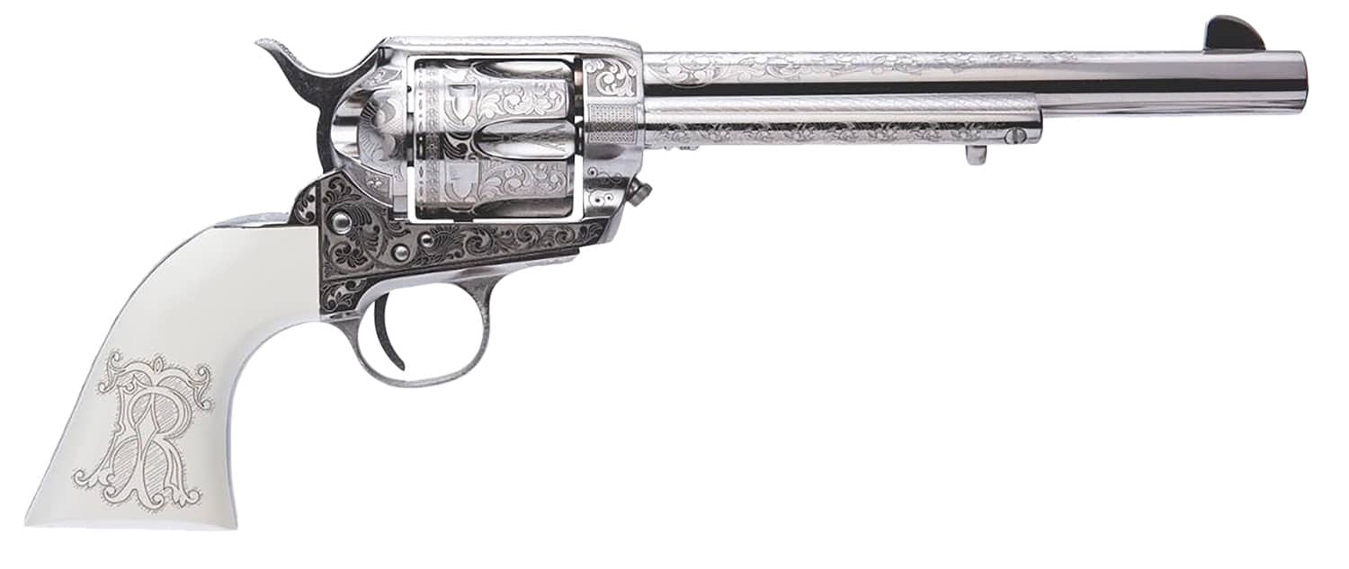 Cimarron PP415LNTRII Teddy Roosevelt Frontier 45 Colt (LC) 6 Shot 7.50" Nickel-Plated Engraved Barrel, Cylinder & Frame, White w/Laser Engraved "T.R." Grip