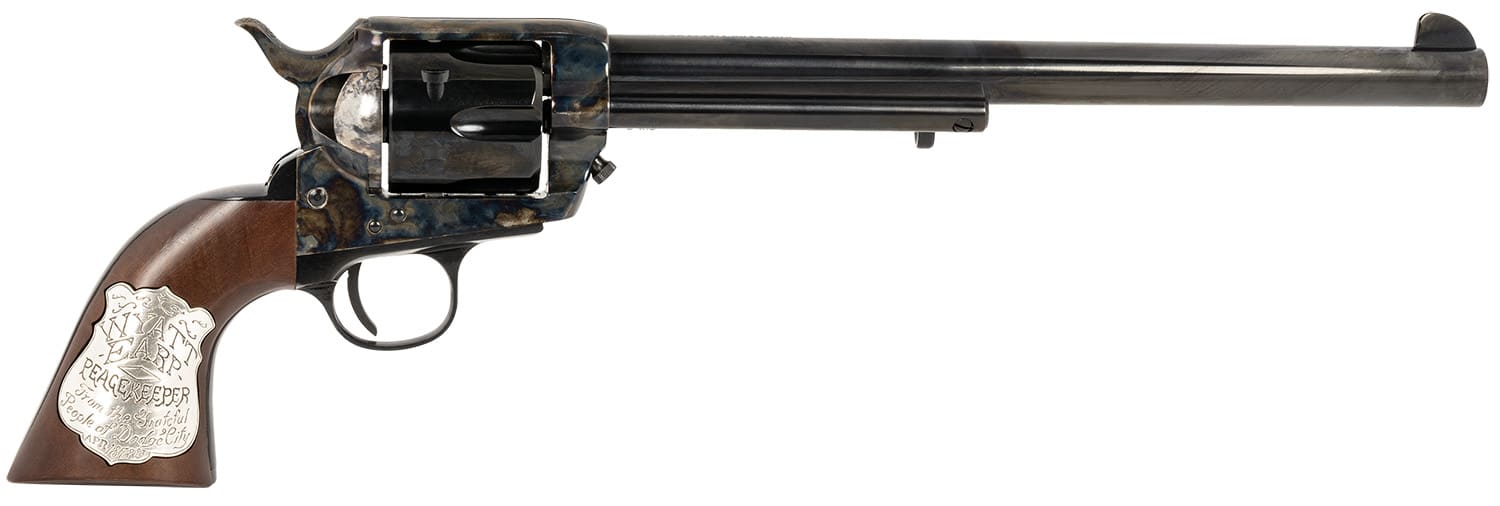 Cimarron PP558 Buntline 45 LC (Long Colt) 6 Shot 10" Blued Frame, Barrel & Cylinder, Walnut w/Inlaid Silver Medallion Grip