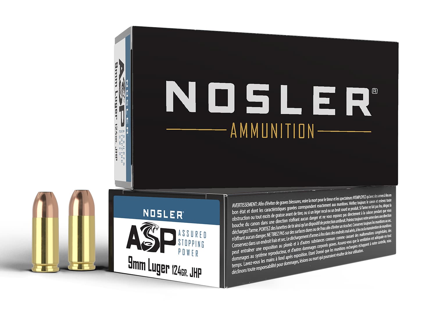 Nosler ASP 9mm Luger 124 grain jacketed hollow point ammunition